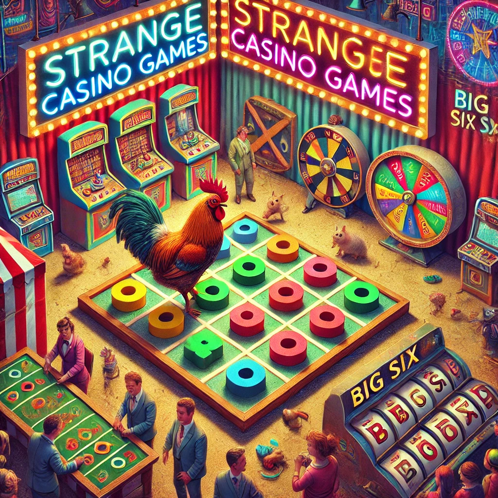 Colorful casino scene with unusual games, like a giant wheel and a chicken playing tic-tac-toe, in a whimsical carnival atmosphere.