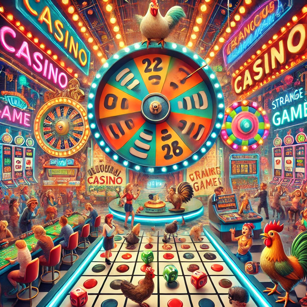 Vibrant casino scene with unusual games, like a chicken playing tic-tac-toe and a giant wheel, in a carnival atmosphere.