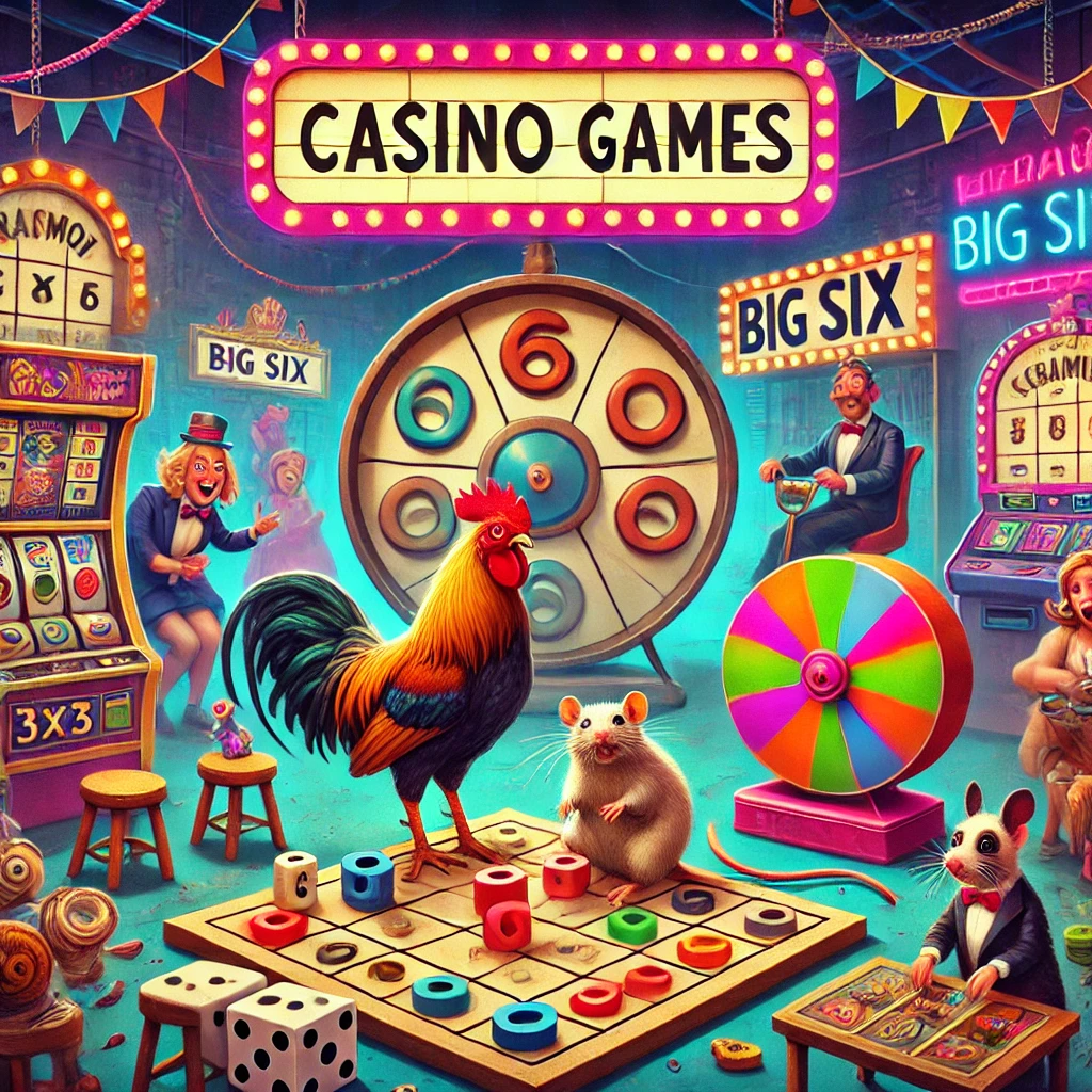 Scène de casino ludique avec des jeux insolites, une poule et une souris jouant au morpion, une grande roue Big Six, dans une atmosphère colorée et fantaisiste.