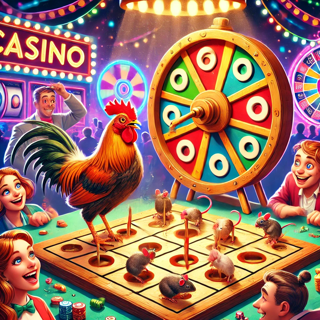 Scène de casino fantaisiste avec une poule et des souris jouant au morpion, une grande roue tournante et des joueurs enthousiastes dans une ambiance colorée.