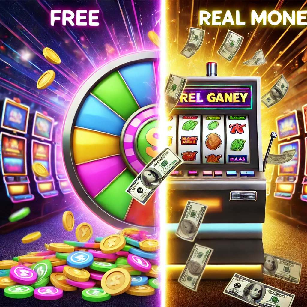 Split image showing contrast between free casino games and real money: colorful wheel on the left, slot machine with bills on the right.