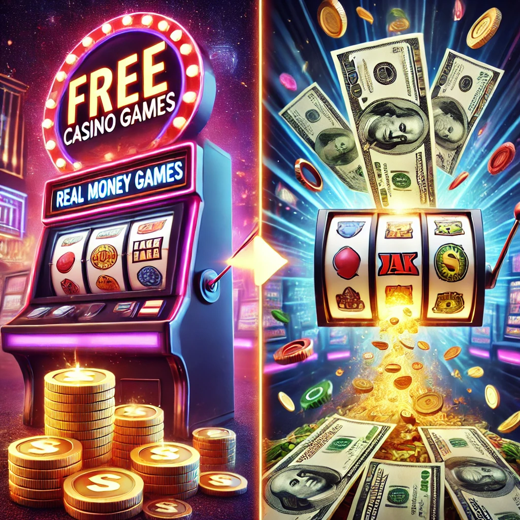 Image divisée de deux machines à sous : à gauche, 'Jeux de Casino Gratuits' avec pièces virtuelles, à droite, 'Jeux en Argent Réel' avec billets et argent volant.