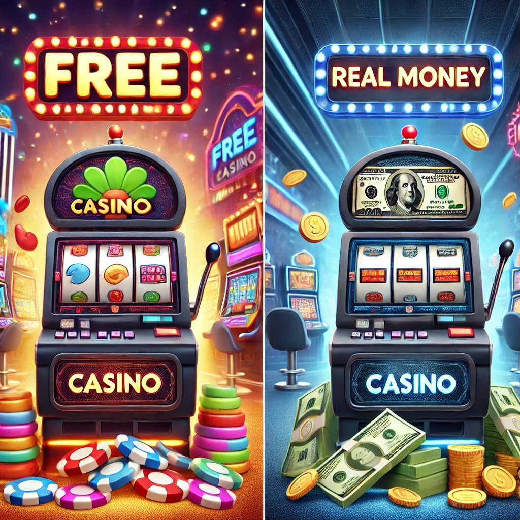 A split image of two slot machines: on the left, 'Free Casino' with chips, and on the right, 'Real Money' with cash.