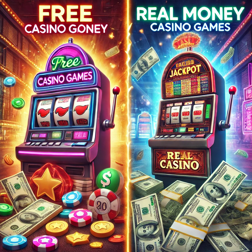 Image divided into two slot machines: on the left, 'Free Casino' with virtual chips, on the right, 'Real Money Casino' with bills.