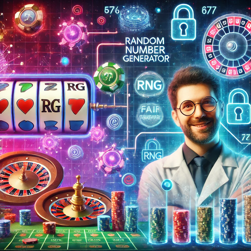 Scène de casino numérique futuriste avec des machines à sous, des roulettes et un scientifique souriant expliquant les générateurs de nombres aléatoires (RNG), entouré de néons et d'icônes de sécurité.