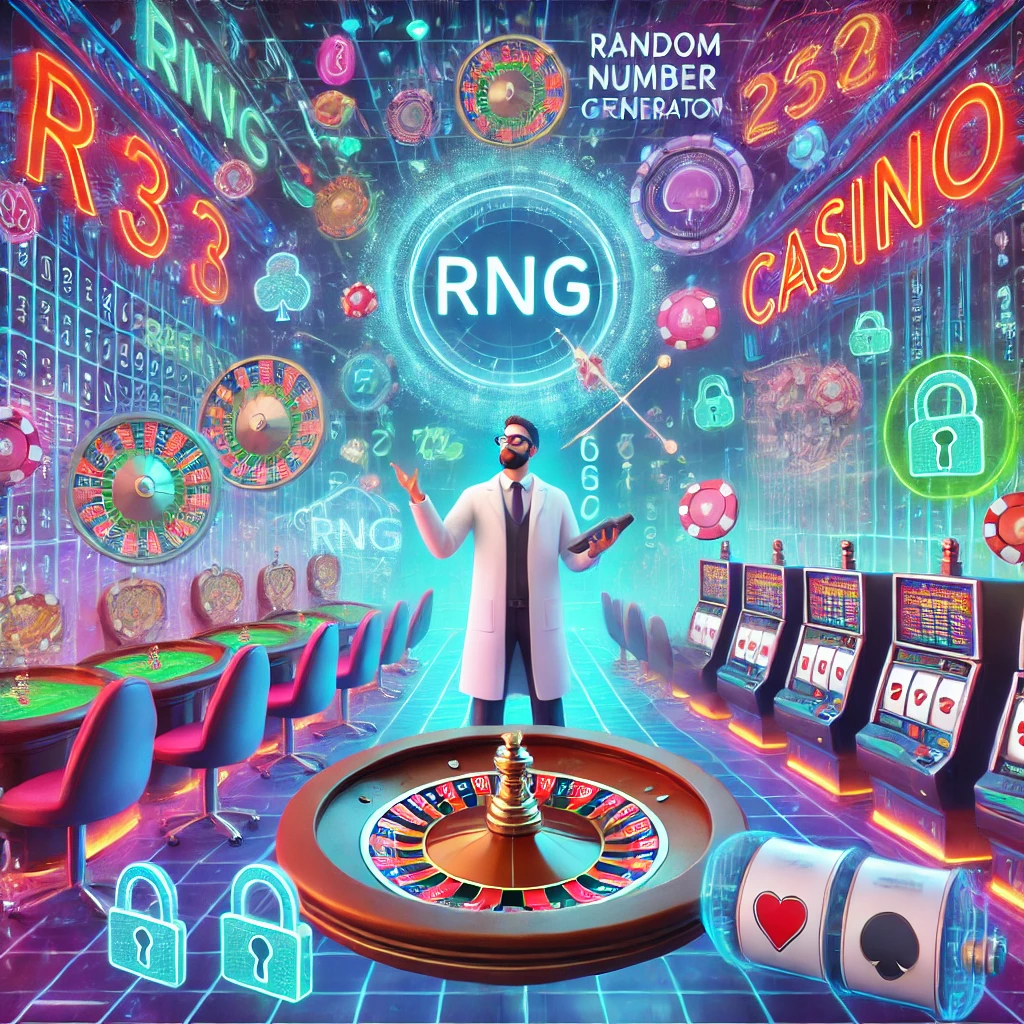 Scène de casino numérique futuriste avec des machines à sous, des roulettes et un scientifique expliquant les générateurs de nombres aléatoires (RNG), entouré de néons et d'icônes de sécurité symbolisant l'équité et la sécurité.