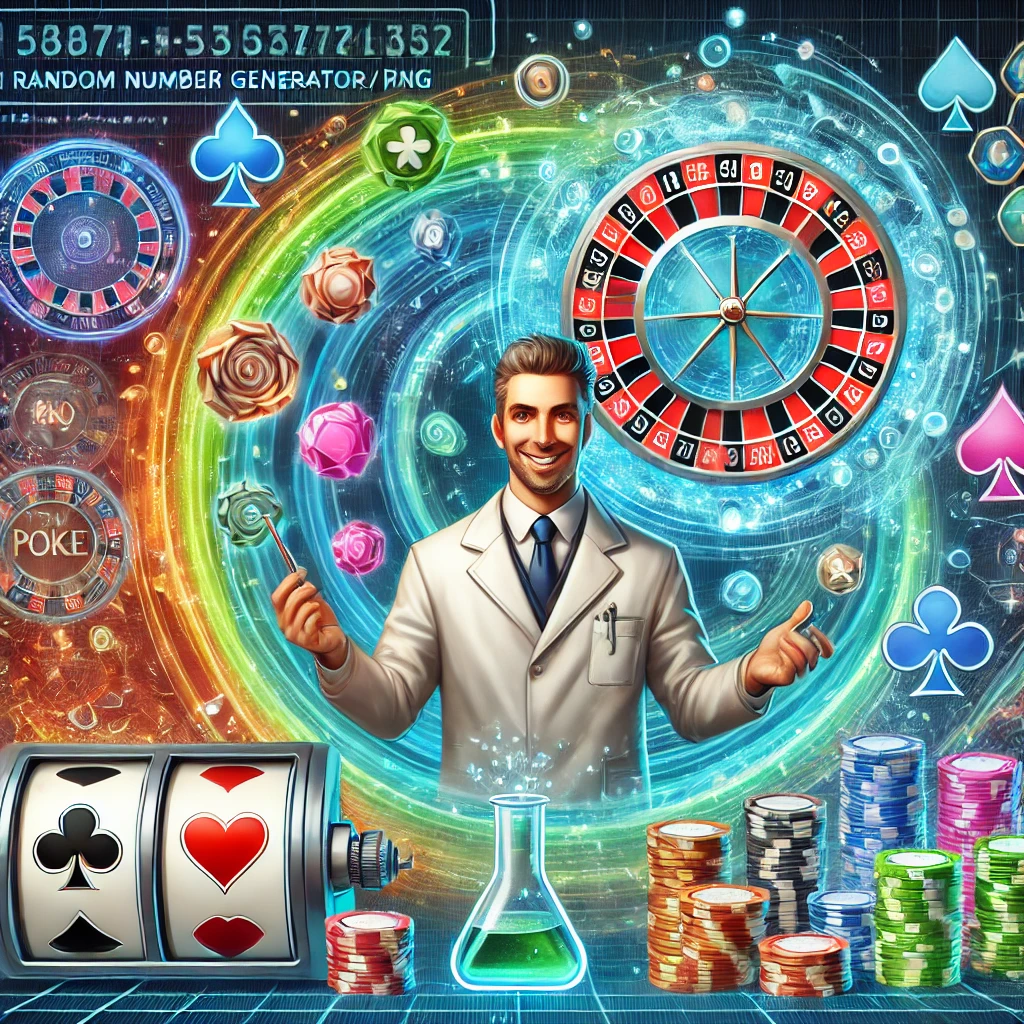 Scène de casino numérique futuriste avec des machines à sous, des roulettes et des jetons de poker, avec un scientifique expliquant les générateurs de nombres aléatoires (RNG). Entouré de néons brillants et de symboles de données, mettant en avant l'équité et le caractère aléatoire des casinos en ligne.