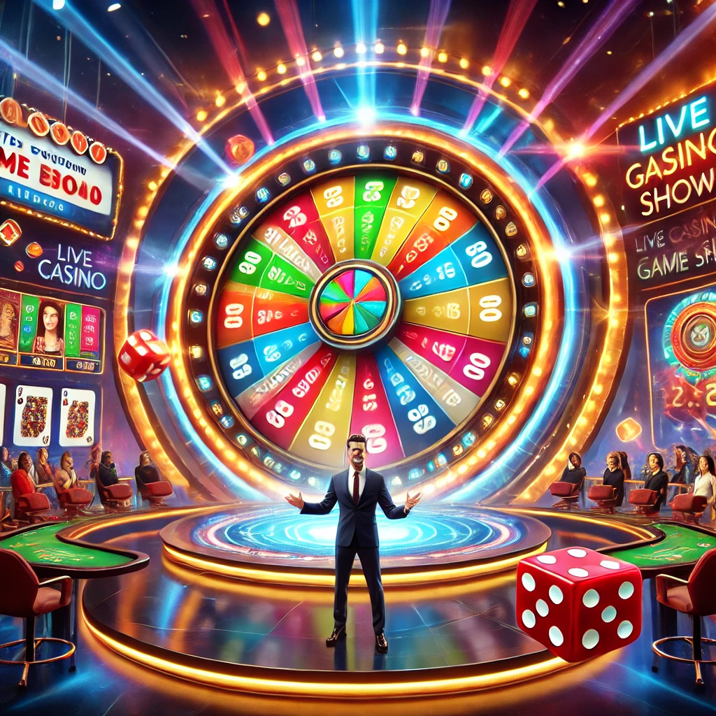 Live casino studio with a glowing wheel, a charismatic host, bright colors, dice, cards and bonus screens in a dynamic atmosphere.