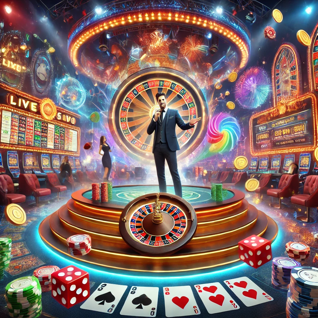 Colorful live casino show with a charismatic host, a big wheel, a roulette table, dice, cards, and coins, in an immersive and thrilling atmosphere.