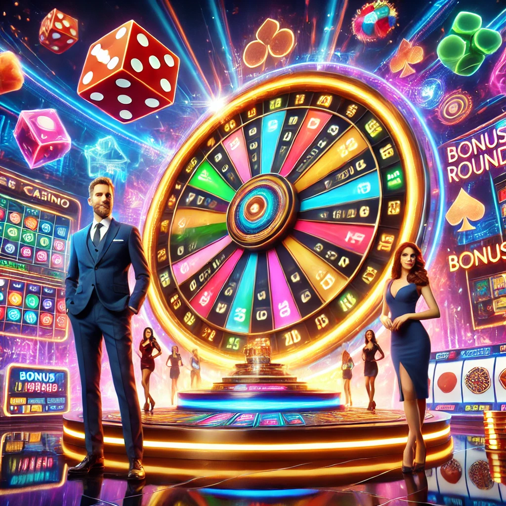 Live casino show with a big colorful wheel, charismatic hosts, floating dice, and bonus screens, offering an immersive and exciting experience.