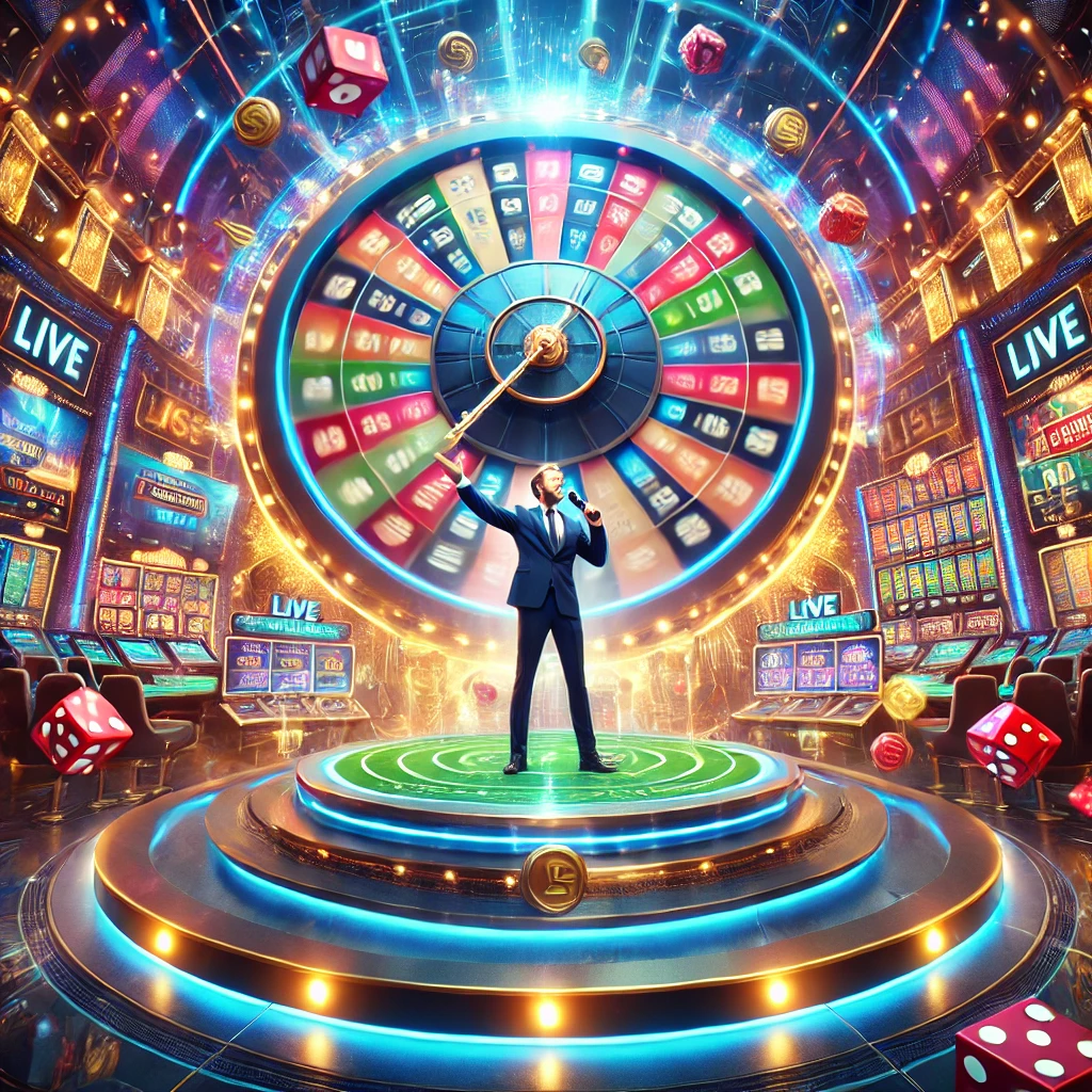 Émission de casino en direct avec une grande roue colorée, un animateur charismatique, des dés et pièces flottants, et des éléments de casino lumineux créant une ambiance dynamique et énergique.