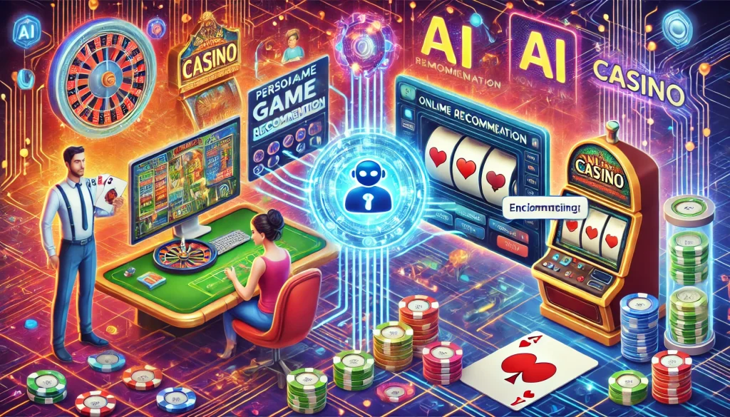 A modern online casino interface featuring vibrant slot machines, card games, and AI holographic icons, all on a futuristic neon background.