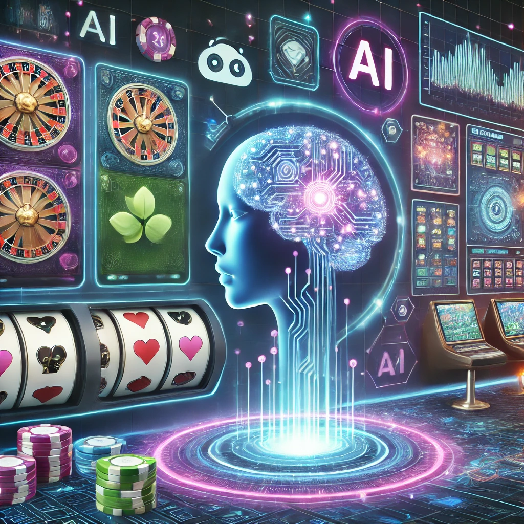 A futuristic online casino interface with slot machines, card games, and a digital brain hologram representing AI. The scene is set against a high-tech neon-lit background.