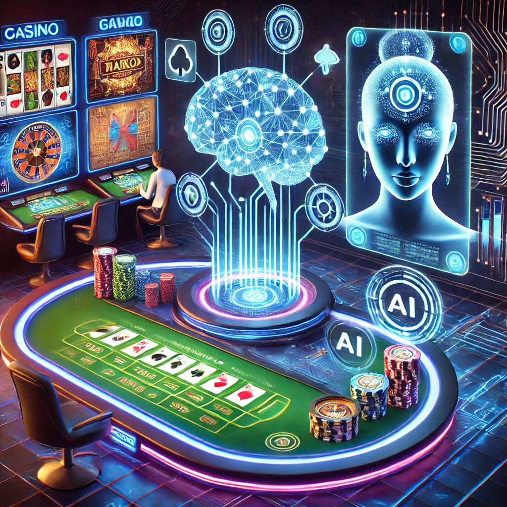 A futuristic online casino with digital displays of games such as poker and slot machines, featuring AI holographic elements and a vibrant atmosphere lit by neon lights.