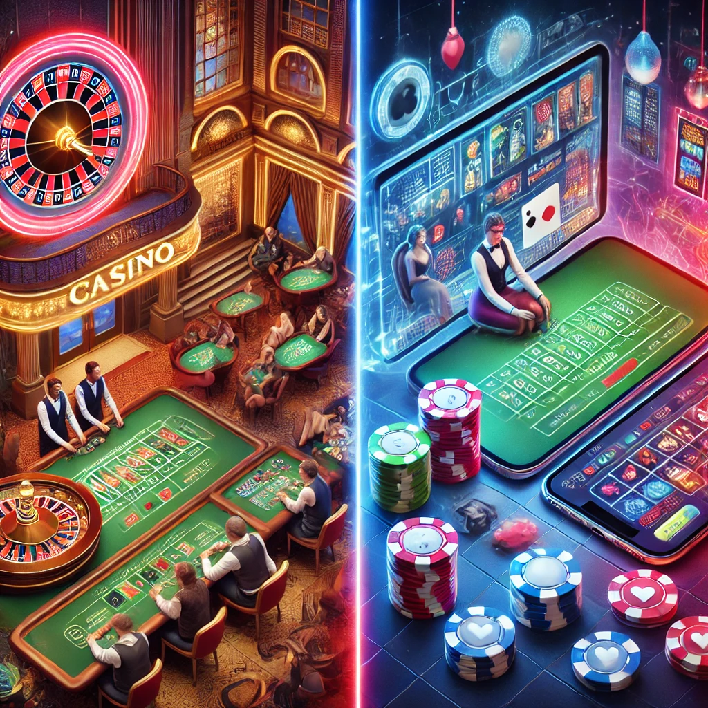 Image comparant un casino physique avec une table de roulette à gauche et un casino en ligne avec des jetons virtuels à droite.