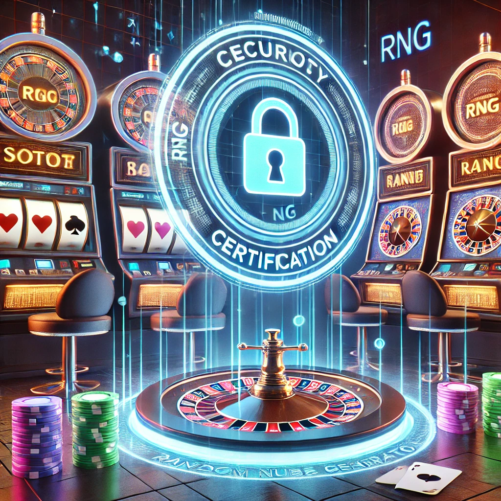 Casino futuriste avec machines à sous, roulette, jetons et symbole de certification pour la sécurité et l'équité via technologie RNG.