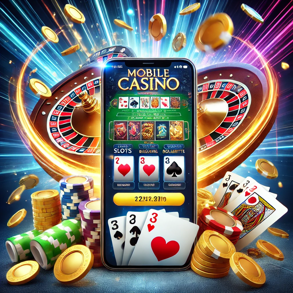 Smartphone affichant une appli de casino avec machines à sous, blackjack et roulette, entouré de jetons, pièces et cartes dans un décor néon vibrant.