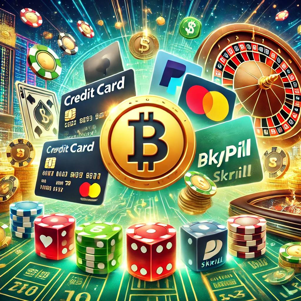 Image montrant des moyens de paiement en ligne pour le jeu, incluant Bitcoin, PayPal, cartes de crédit et Skrill, avec des jetons, des dés et une roulette.